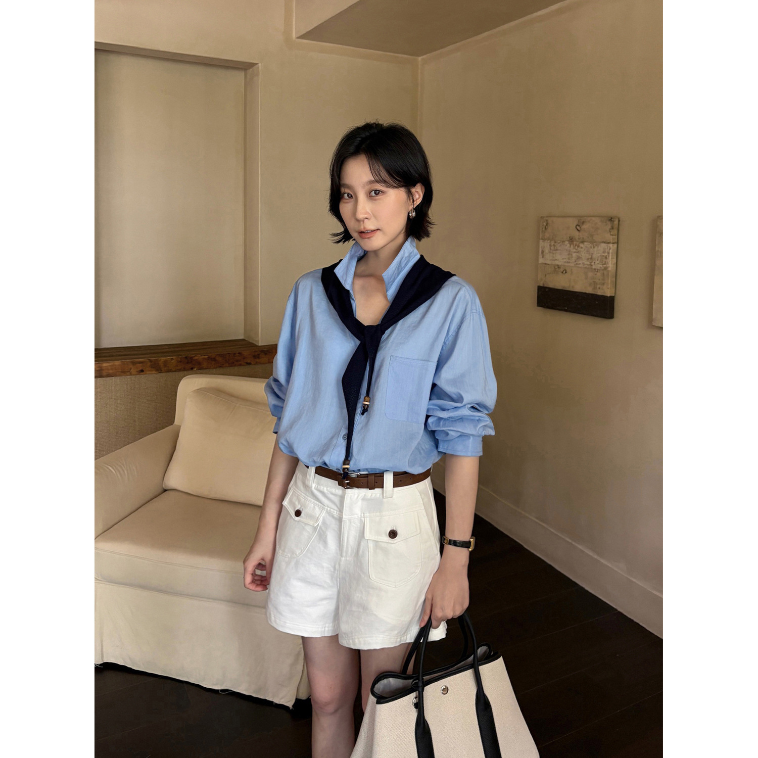 韩迅 轻复古文艺 针织披肩叠搭衬衫套装女2026秋款宽松上衣27017
