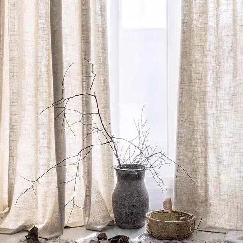 Nordic curtains - linen jute, natural color solid cotton linen fabric semi-transparent, bedroom living room floor-length curtains with sheers