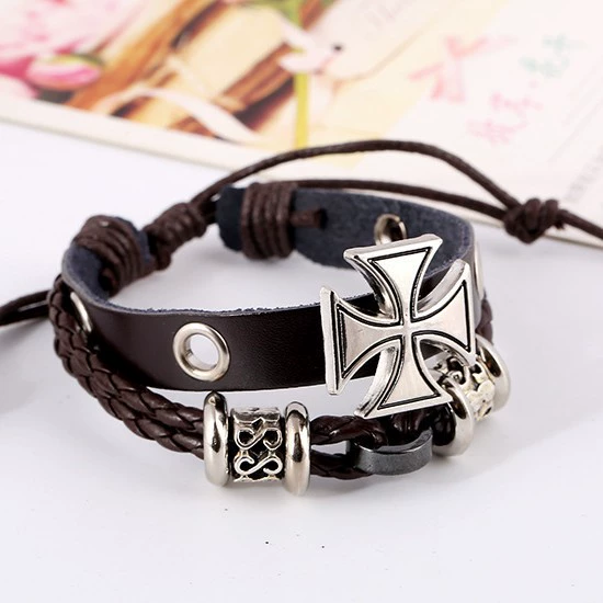 Leather Bracelet Yiwu Ancient Roman Cross, Two-Layer Cowhide, Adjustable 17 cm