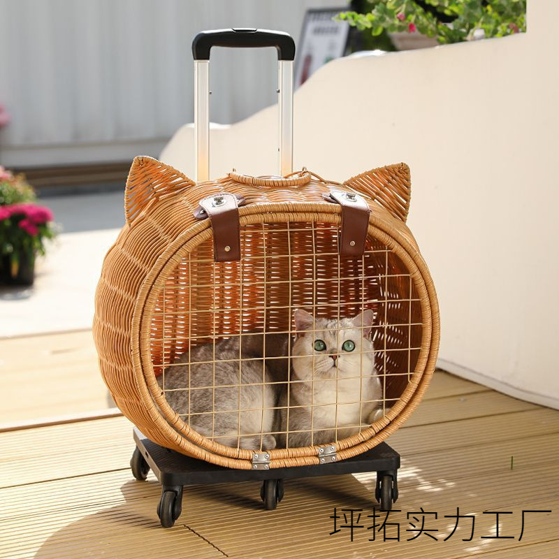 Rattan Cat Trolley Box, Cat Bag, Cat Space Capsule, Pet Outing Portable Suitcase, Cat Stroller, Large Capacity
