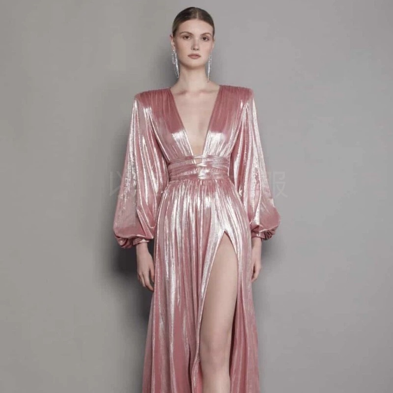Fashion temperament socialite pink evening dress deep v sexy evening dress catwalk banquet dress host dress wholesale