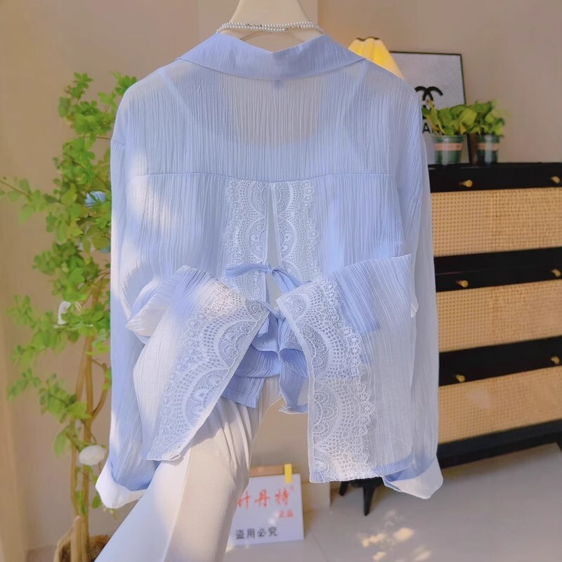 Blue Back Lace Lace Slit Long-Sleeved Sun Protection Shirt Thin Jacket Women's Summer Light and Breathable Cardigan Shirt