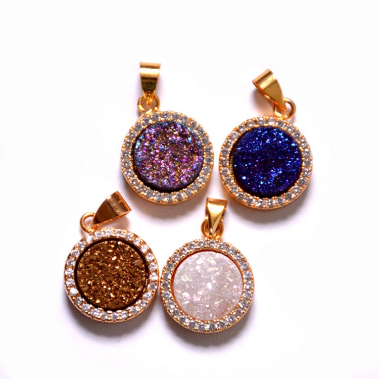 天然水晶晶簇吊坠微镶锆石钻坠子 玛瑙晶牙电镀原石彩色项链欧美