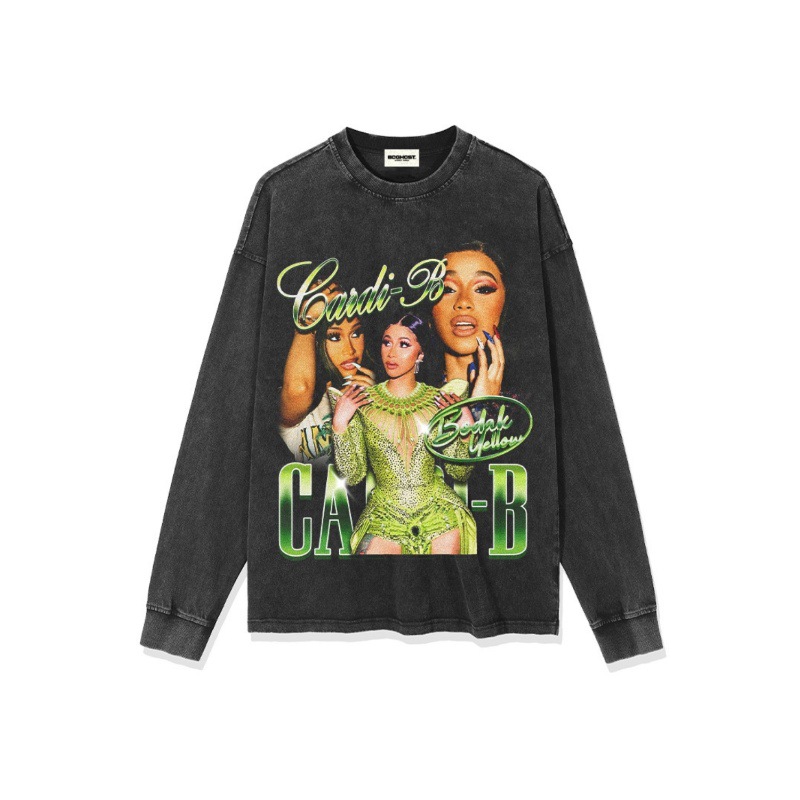 Tarjeta hermana Cardi B Europa y América hip-hop rap americano street hip-hop marca de moda estampado retro desgastado lavado manga corta