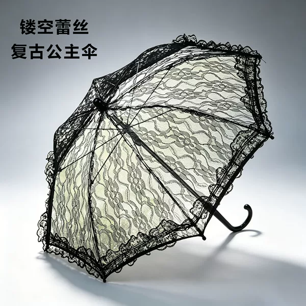 Black Hollow Lace Umbrella with Long Handle, Princess-Style Umbrella, High Aesthetic Umbrella, Lolita Umbrella, Lace Umbrella for Wedding Photography