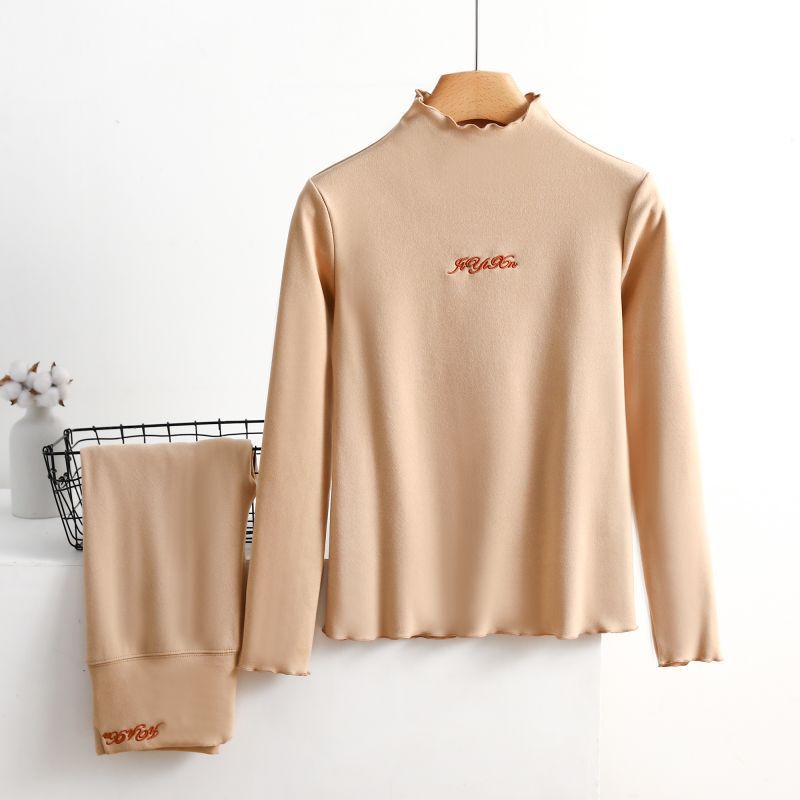 Thermal Underwear for Women in Autumn and Winter, Half-High Collar, Ruffled Edge, Thickened and Fleece-Lined Top and Bottom Set