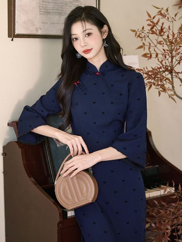 洛士博新中式旗袍2025新款改良秋季蓝色国风优雅长袖绝美女长款|undefined