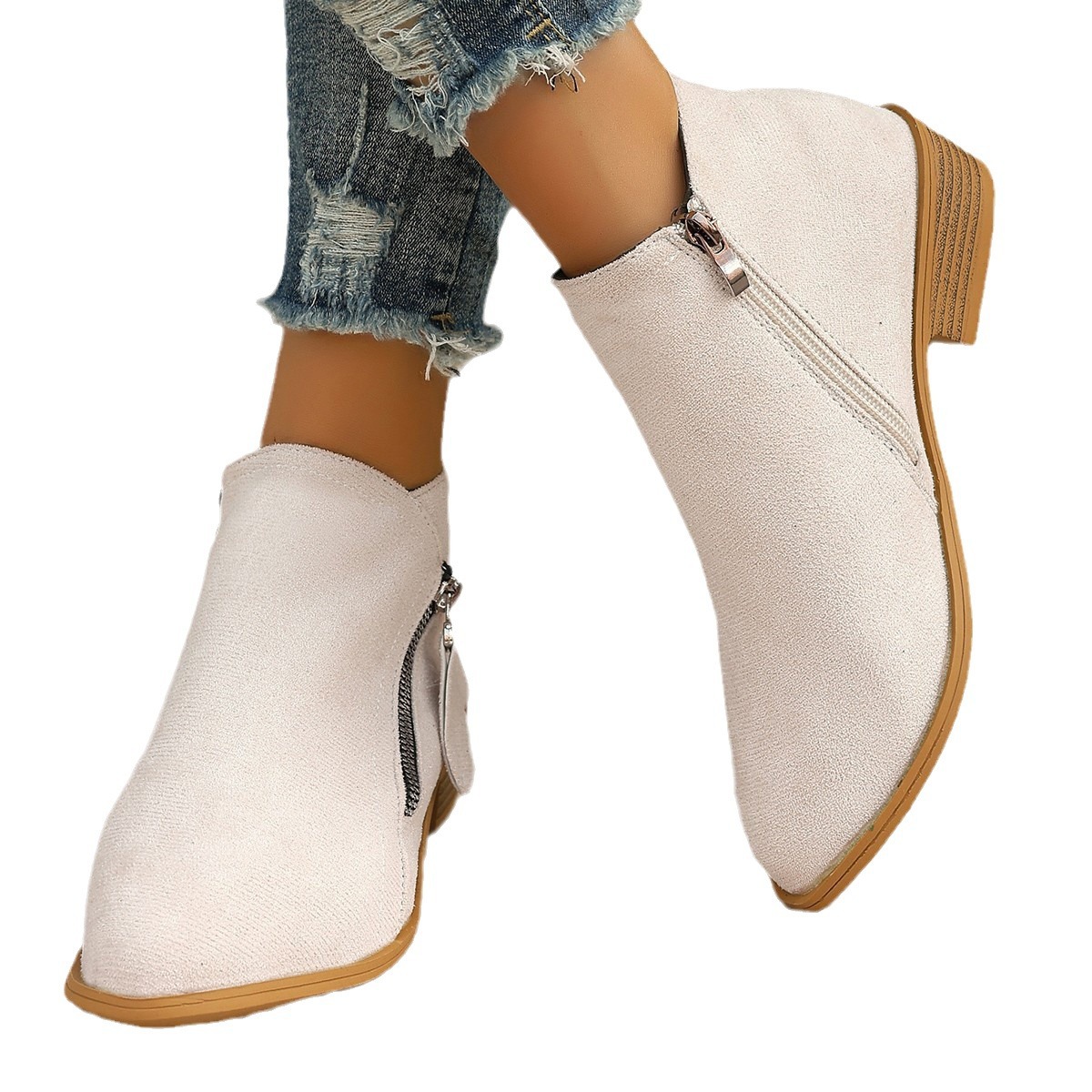 Women's Shoes Large size pointed low heel side zipper fashion boots for women 2024 new style reverse suede low tube fashion short boots for women_voghion.com