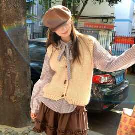 【专供东南亚】蝴蝶结绑带小格子衬衫女秋季翻领开衫纽扣长袖上衣