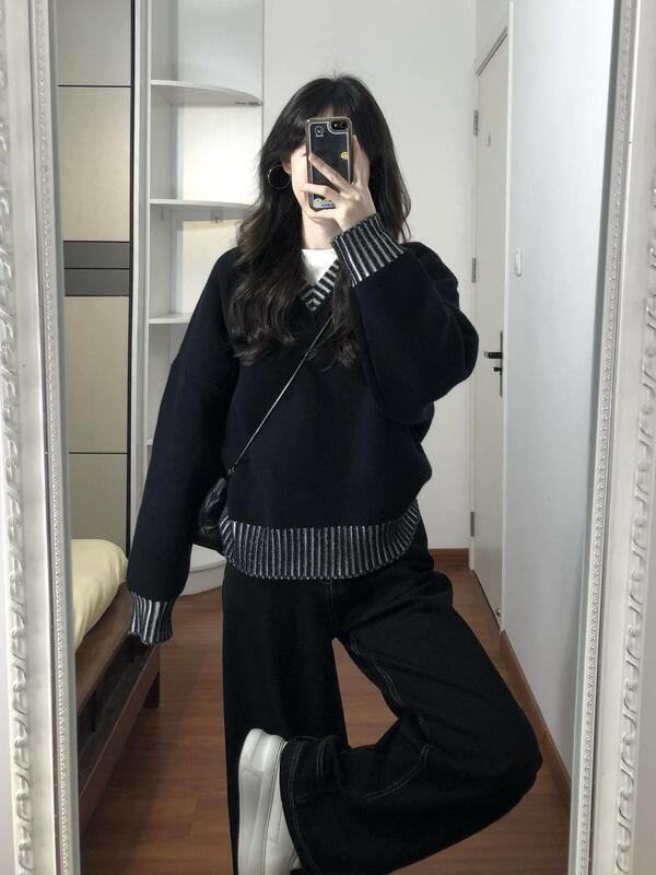 韩系独特设计感撞色条纹慵懒风毛衣女秋季外穿软糯复古套头上衣|undefined