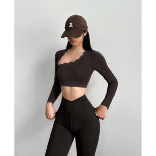 Oblique Hollow New Yoga Top Women's Pilates Irregular Slim-fit Long-sleeved Sports T-shirt with Chest Pad 1595