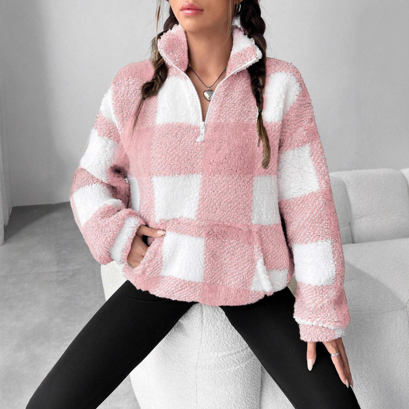 In-Stock Amazon Wish Cross-Border Supply 2025 Autumn and Winter Fashion Short Plaid Half-Open Collar Plush Women's Sweatshirt In-Stock Amazon Wish Cross-Border Supply 2025 Autumn and Winter Fashion Short Plaid Half-Open Collar Plush Women's Sweatshirt