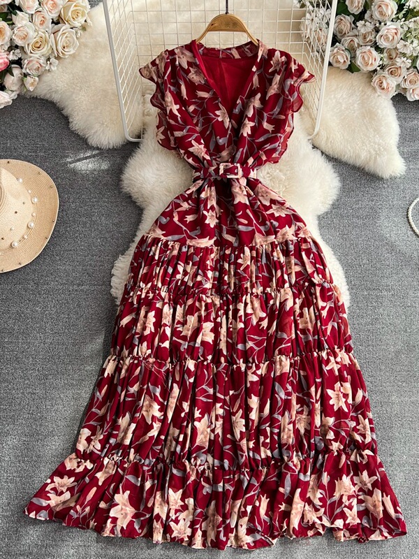 Gentle style lady elegant flying sleeve V-neck tight waist slimming A- line printed chiffon dress elegant large swing dress