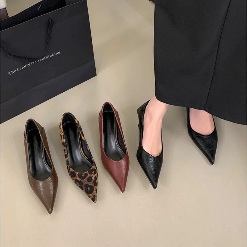 Осень и зима 2024 новые остроконечные туфли на высоком каблуке с леопардовым принтом моды дикий темперамент