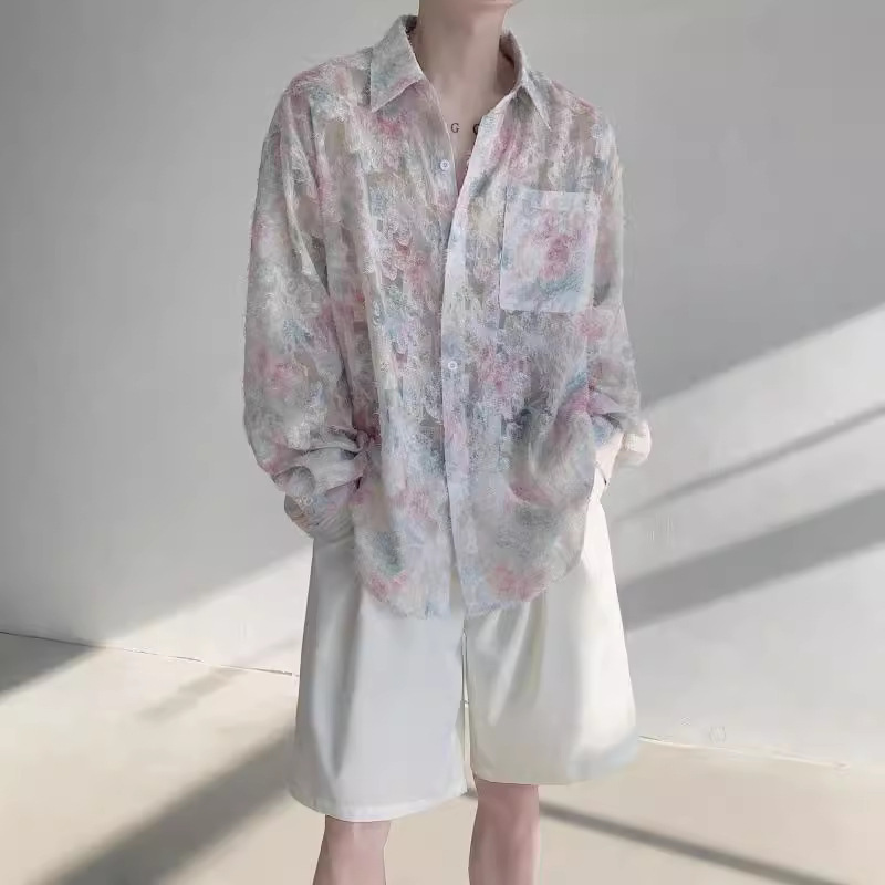 American Style Three-Dimensional Floral Shirt Men's Long-Sleeved Texture Elegant Niche Summer Thin Lazy Sun-Protection Floral Shirt