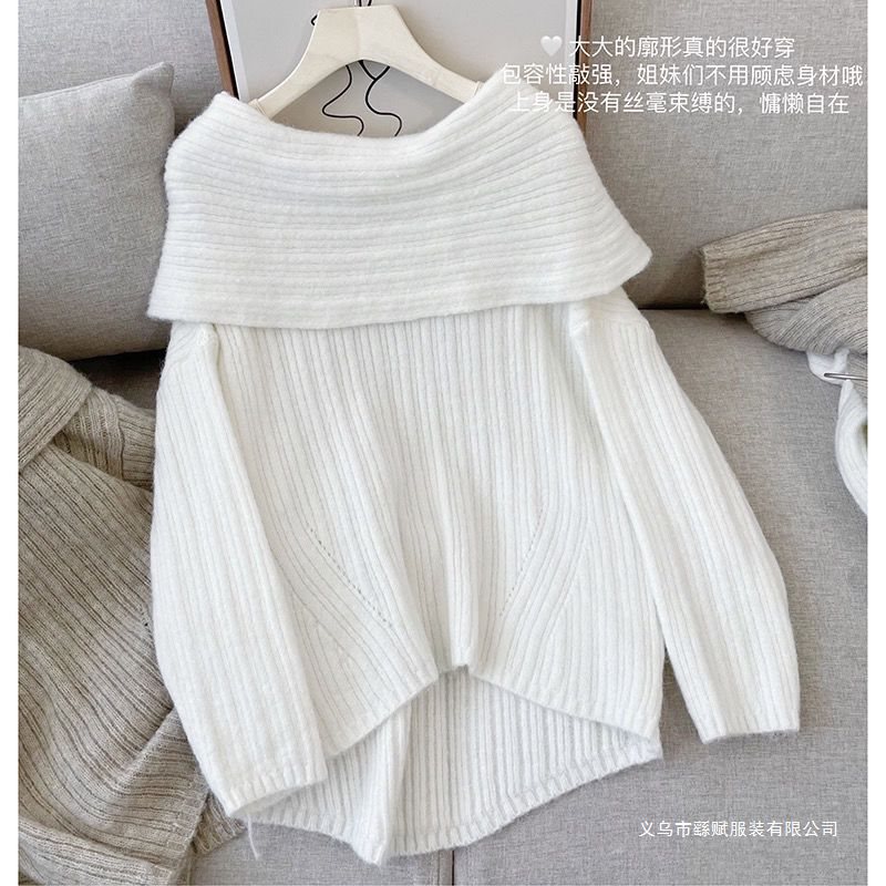 Irregular One-Line Neckline, Off-The-Shoulder Knitted Sweater, New Autumn and Winter Style, Puff Sleeves, Loose-Fitting, Elegant French-Style Top for Outer Wear Irregular One-Line Neckline, Off-The-Shoulder Knitted Sweater, New Autumn and Winter Style, Puff Sleeves, Loose-Fitting, Elegant French-Style Top for Outer Wear