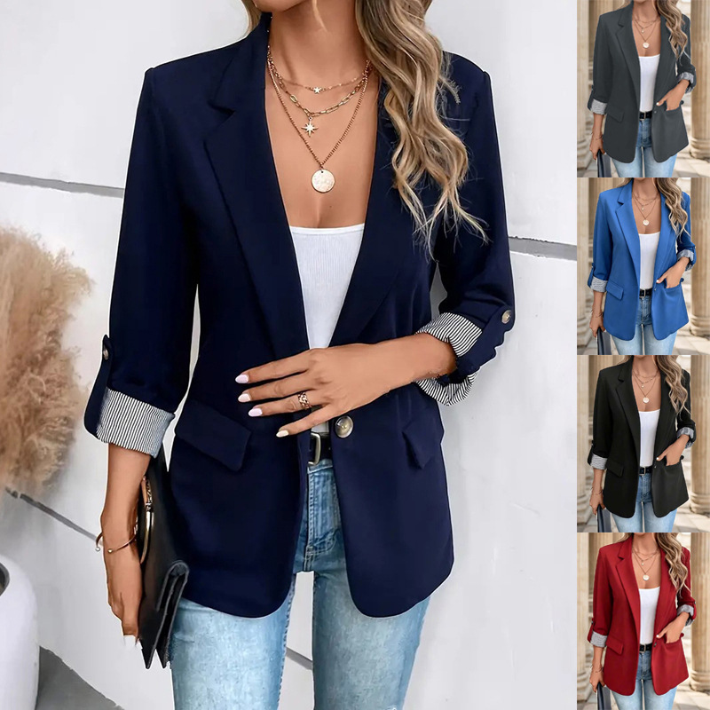 Amazon Cross-Border 2026 Autumn/Winter New Elegant Buttoned Blazer for Women, European and American Style, Slim Fit with Three-Quarter Roll-Up Sleeves