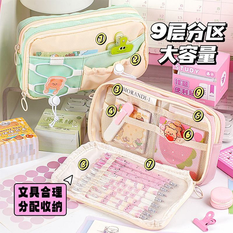 Nueva caja de papelería de almacenamiento en capas de doble cordón de color de contraste lindo, de gran capacidad, simple y de alto valor, estuche para lápices, papelería de almacenamiento