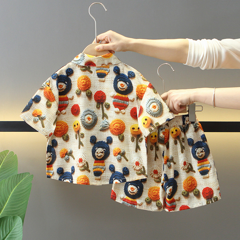7875 traje de verano para niños 2025 nueva camisa de manga corta para niños de dos piezas ropa de moda de verano para bebés