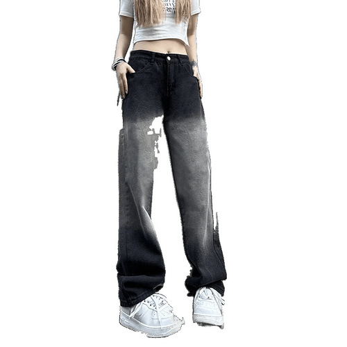 Black Gradient Wide-Leg Jeans for Women, High-Waisted, Slimming, 2025 Summer, Thin, Loose Straight Leg, Floor-Length, Draping