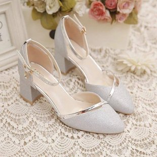 Cross-border Spring and Autumn New Sequin Wedding Shoes Women's Fashion Chunky Heel Shoes with One-line Buckle Bridesmaid High Heels Mid-heel Shoes Women