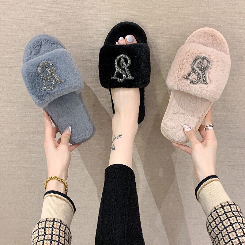 Mao Mao slippers women's 2021 autumn and winter New Home bright diamond flat warm slippers popular fashion cotton slippers