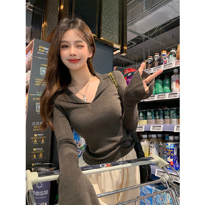纯欲风翻领设计感长袖针织衫女秋季2025新款修身显瘦内搭打底上衣|undefined