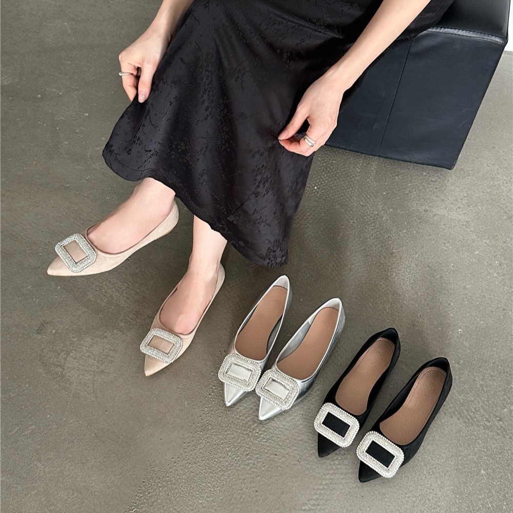 Uva mamá primavera nuevo drama coreano propietario femenino ~ exquisita hebilla de diamante brillante elegante pequeño puntiagudo zapatos planos de corte bajo para las mujeres