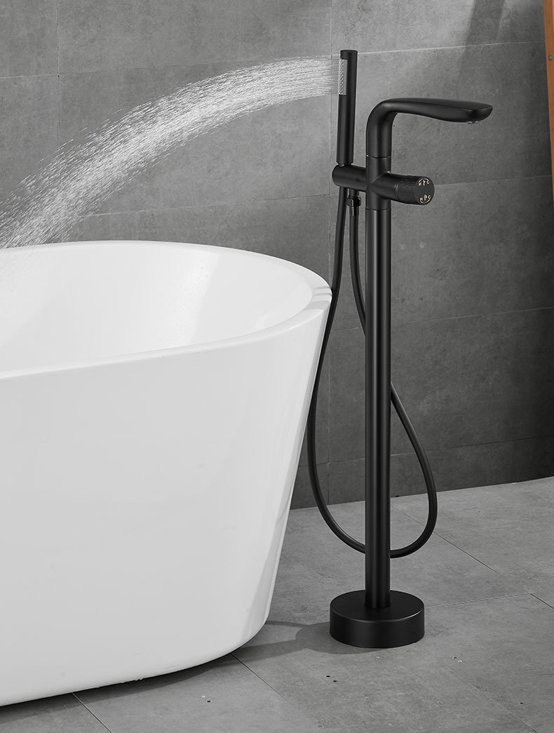 All-copper gun, grey floor-standing bathtub, faucet, independent hot and cold column basin, wooden bucket, shower head, light luxury undefined