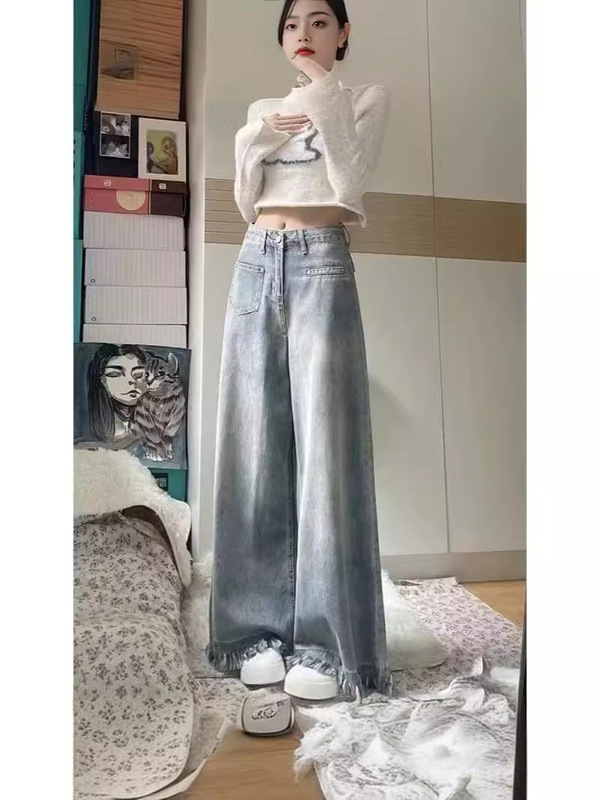 Small American Retro Tassel Fringe High Waist Jeans Women's 2024 New Loose Wide Leg Straight Flare Pants Small American Retro Tassel Fringe High Waist Jeans Women's 2024 New Loose Wide Leg Straight Flare Pants