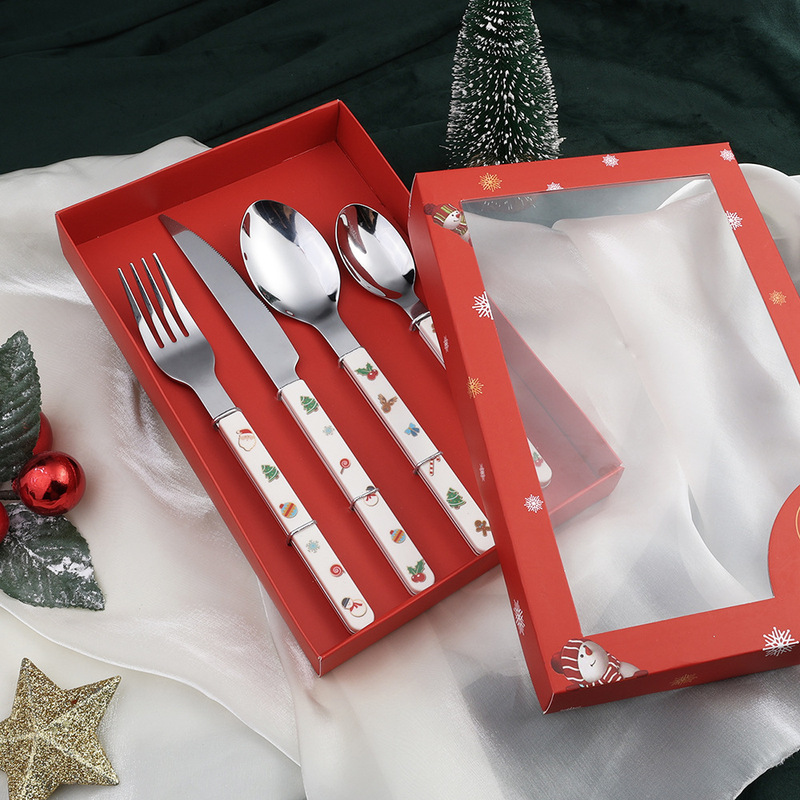 Q Christmas knife fork spoon suit Christmas tableware dessert mixing spoon gift box cross-border Santa Claus spoon Fork