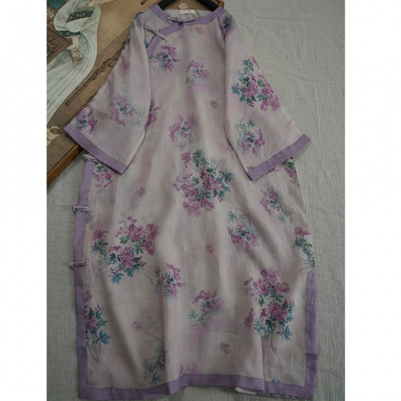 2026 Summer Artistic Style Woven Cotton-Linen Round-Neck Lantern Dress Plus-Size Purple Azalea Print Maxi Dress 2026 Summer Artistic Style Woven Cotton-Linen Round-Neck Lantern Dress Plus-Size Purple Azalea Print Maxi Dress