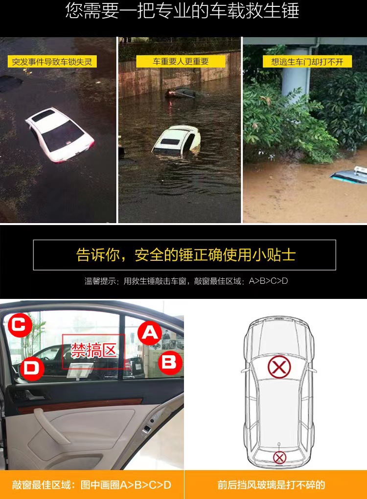Safety Hammer for Car Use, Multifunctional Vehicle-Mounted Window-Breaking Tool, In-Car Emergency Universal Two-In-One Fire Rescue Hammer