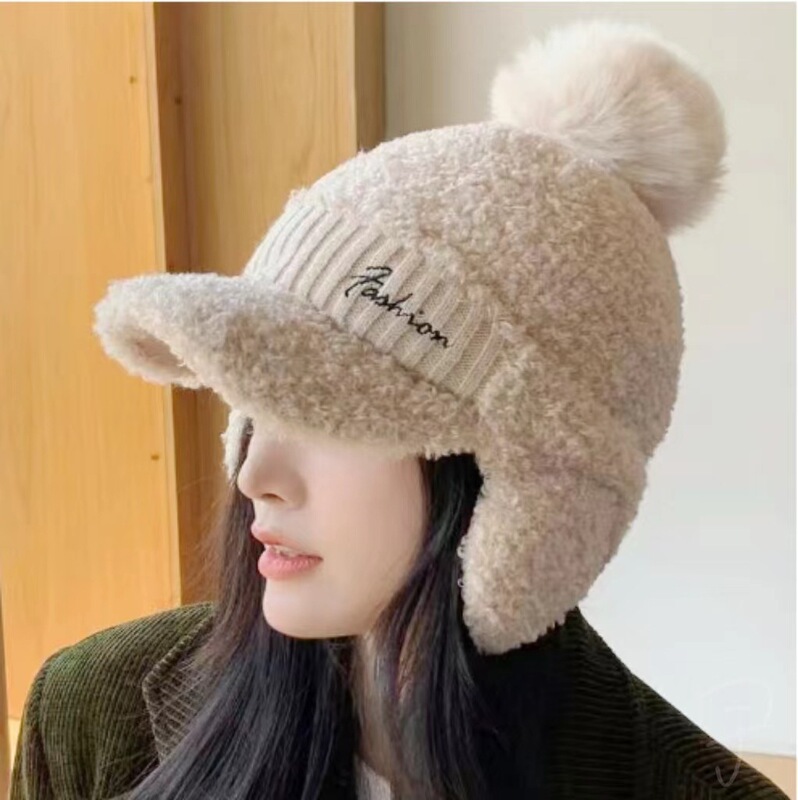 跨境秋冬毛绒棒球帽女休闲百搭骑车保暖护耳帽韩版户外套头针织帽|undefined