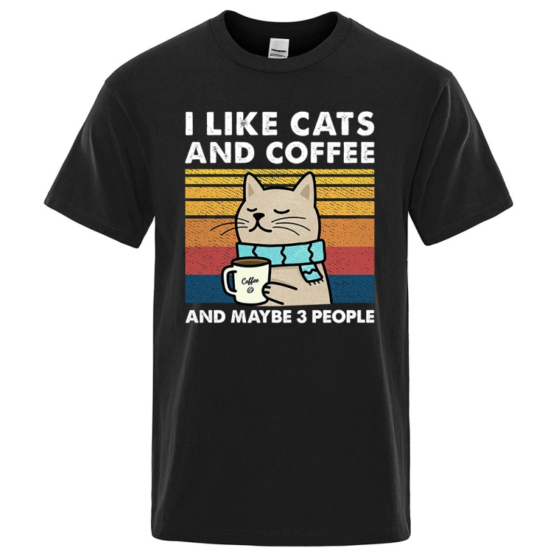 I Love Cat and Coffee Street Funny Men's Fashion Casual Loose Cotton Clothing Crewneck Breathable Hip Hop T-shirt