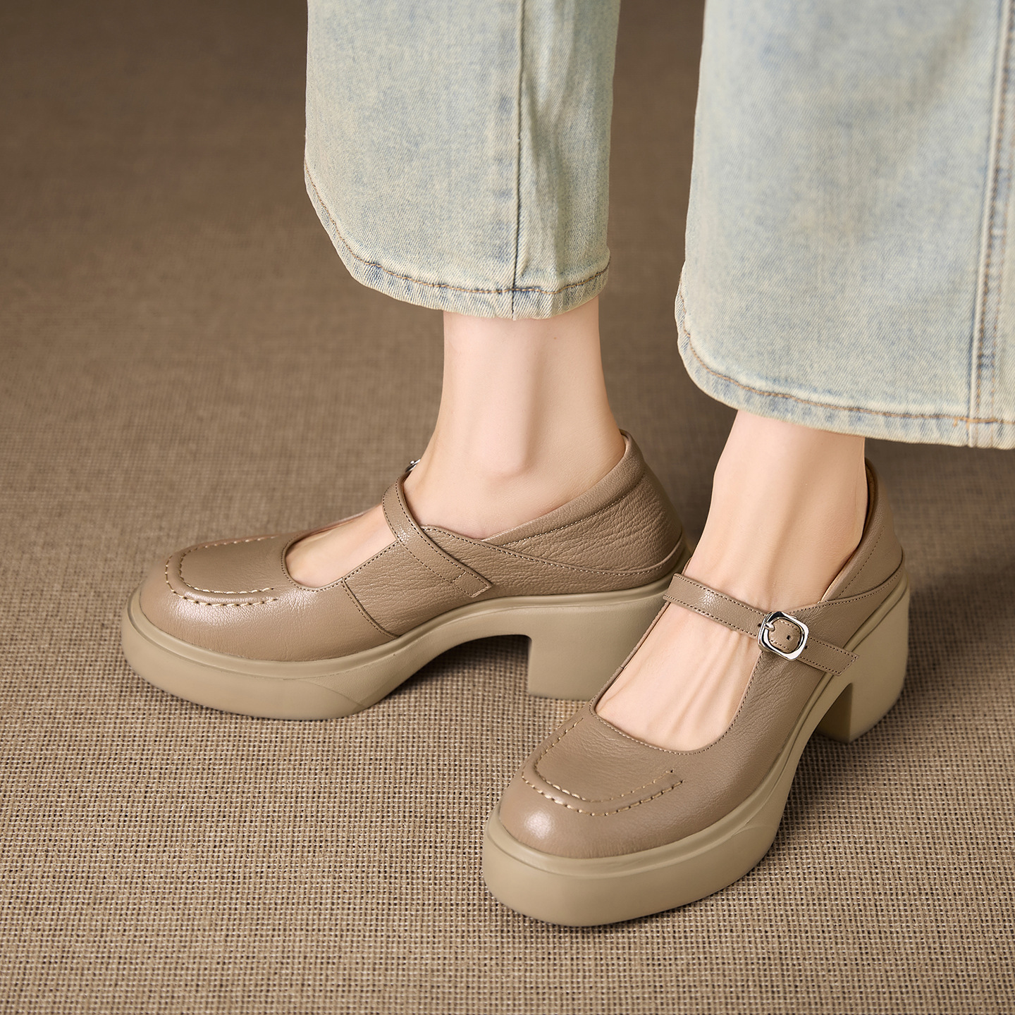 Giày Mary Jane nữ quai ngang có khóa, da cừu đế dày gót vuông 6,5 cm — đen