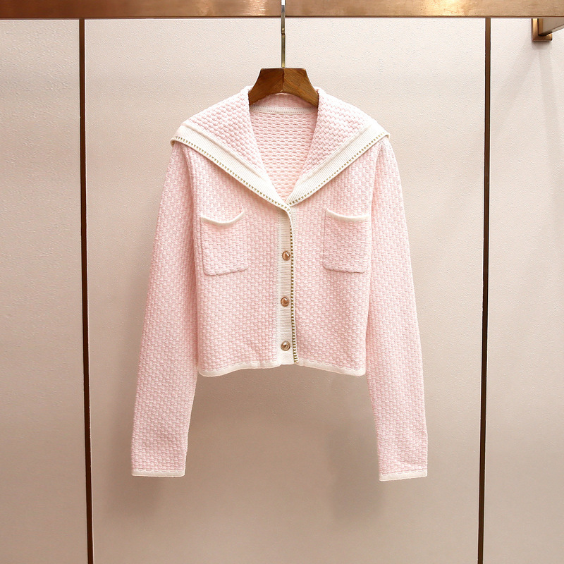 Shenzhen Nanyou High-End Women's Fashion Autumn and Winter New Style Chanel-Inspired Color-Blocked Navy Collar Cardigan Textured Knit Top