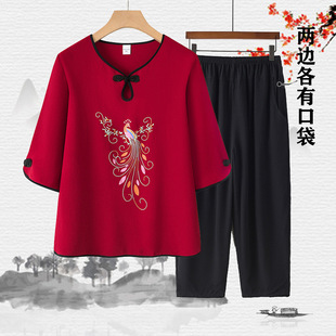 Mom's Summer Suit Short-Sleeved Clothes Middle-Aged and Elderly Women's Grandma Two-Piece Set Mid-Sleeved Cotton Silk Shirt Top