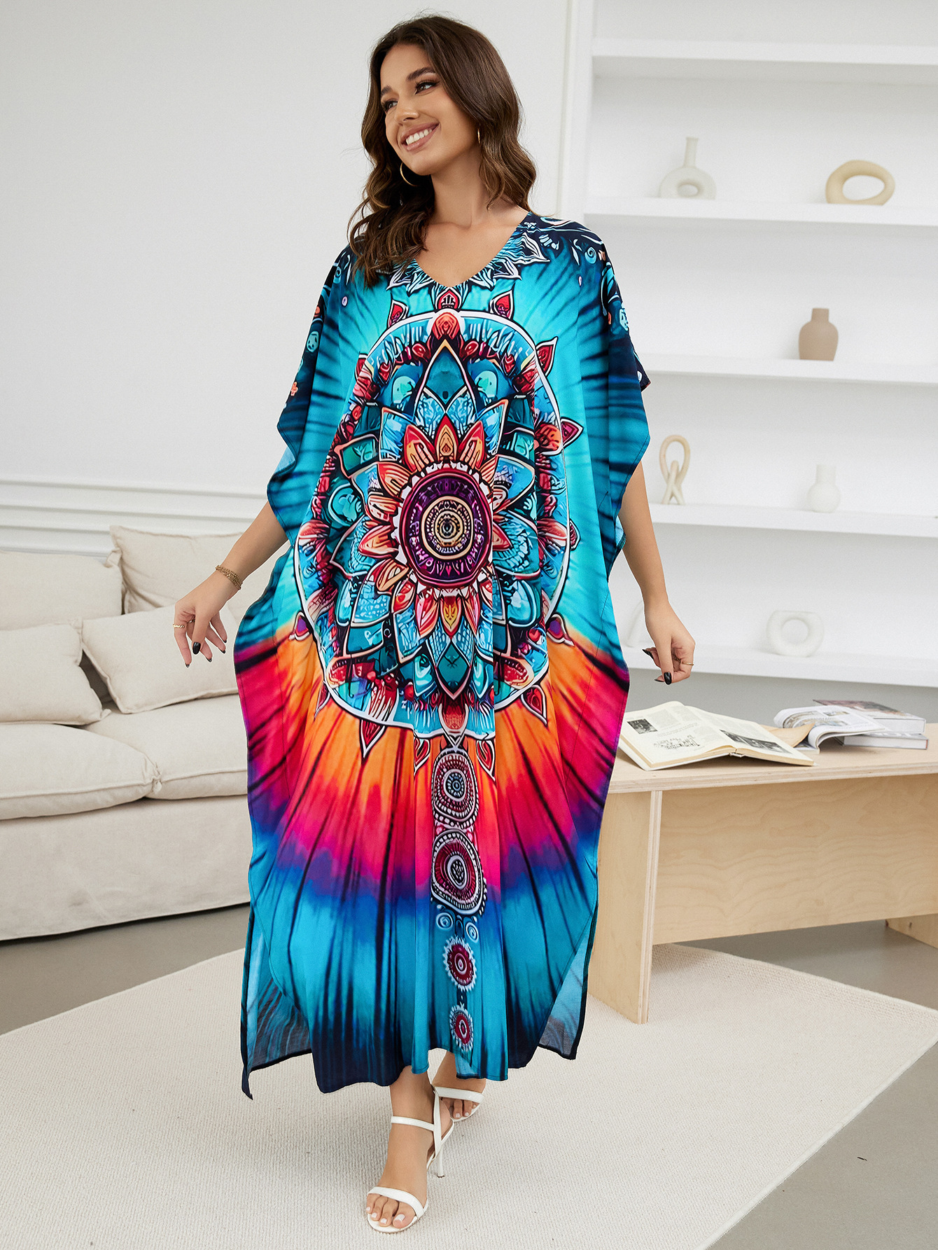 Rochie de plajă lungă kimono dama boho viscoză tie-dye_voghion.com