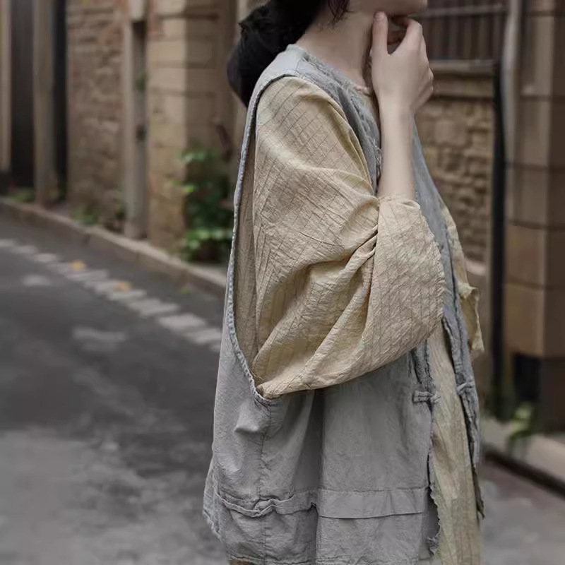 Shan Qiannian Yi 봄과 가을 조커 예술적 스타일 잡아 울 조끼 Tencel Ramie Outer Buckle Vest