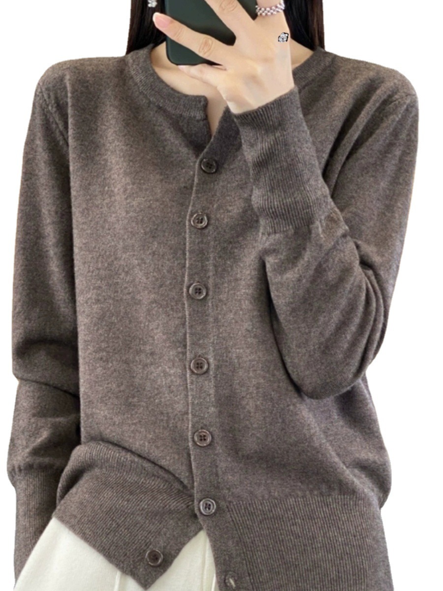 Simple Elegant Solid Color Foundation Shoulder All-Match Long-Sleeved Knitted Sweater Cardigan Jacket Wool Crewneck Sweater