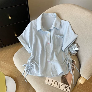 韩版Polo领白色衬衫女夏宽松休闲正肩短袖衬衣设计感抽绳短款上衣