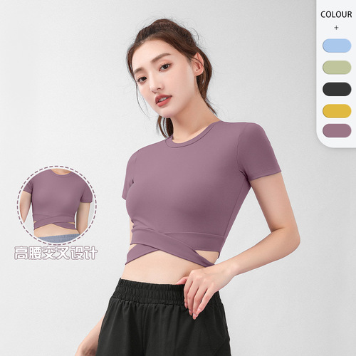 Juyitang peach navel cross short-sleeved summer slim yoga dress high-waist tight fitness top for women