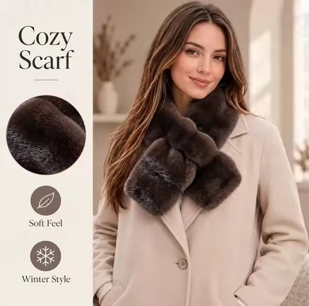 Scarf for Autumn and Winter, Faux Mink Fur Scarf, Cross-Border Women's Warm Cross-Over Faux Fur Plush Scarf, Neck Warmer, Korean Style