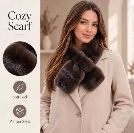 Scarf for Autumn and Winter, Faux Mink Fur Scarf, Cross-Border Women's Warm Cross-Over Faux Fur Plush Scarf, Neck Warmer, Korean Style