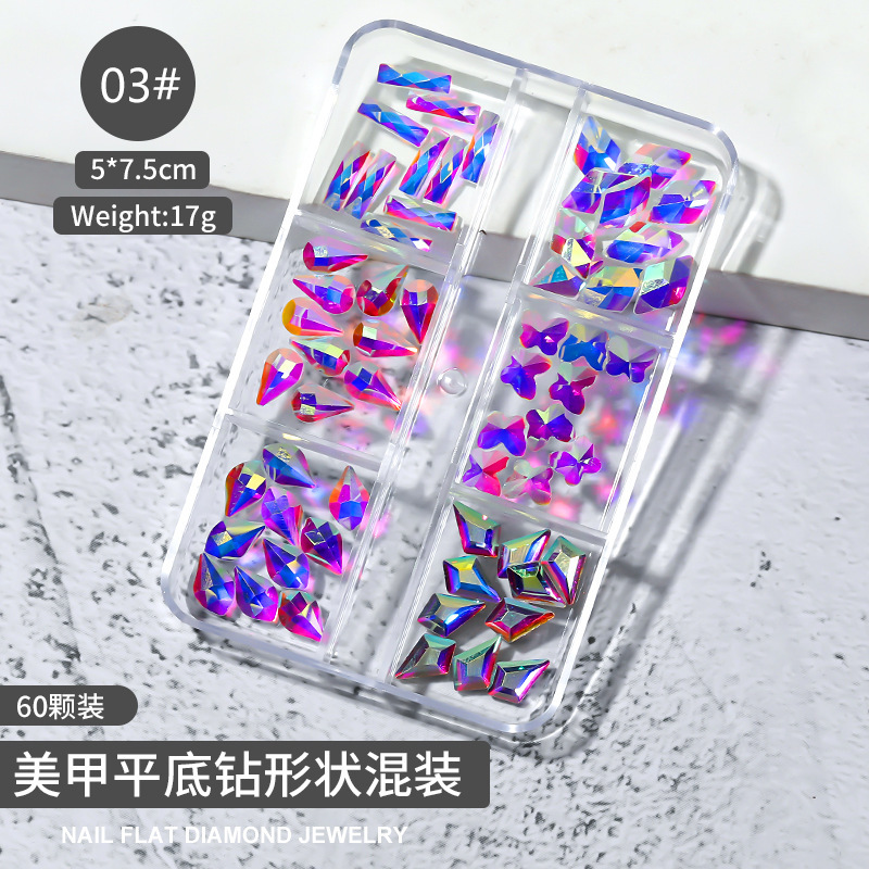 Cross-border Especial 6-grid Caja Mixta joyería de uñas transparente cuadrado plano espejo de diamante en forma especial Aurora uñas Rhinestone