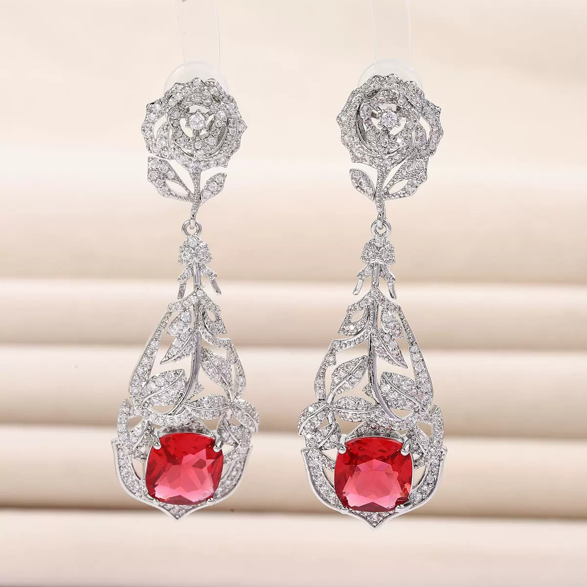 跨境热卖新款长款花卉造型耳环耳坠微镶锆石气质优雅冬季时尚百搭