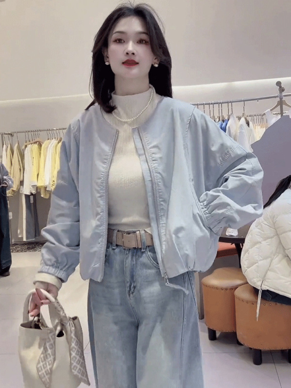 圆领休闲纯色短款棒球服外套女春季新款小个子简约感夹克上衣|undefined