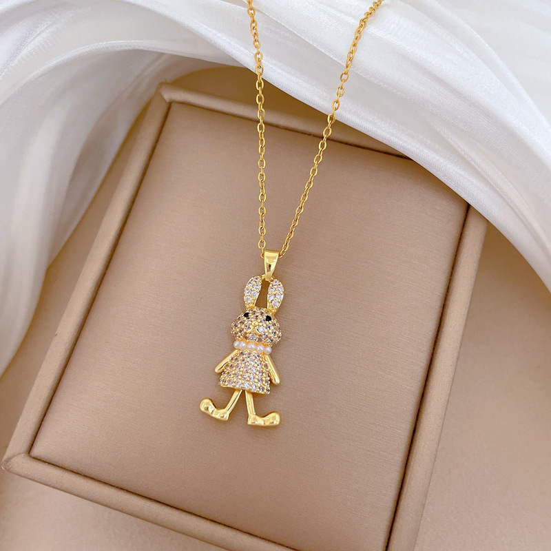 Luxurious Titanium Steel Pearl Rabbit Necklace With Full Diamond_voghion.com