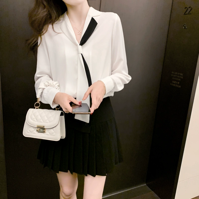 Женская рубашка из шифона, белая, с лацканами и завязками, новый стиль весны 2025 года, профессиональный дизайн, нишевая модель.